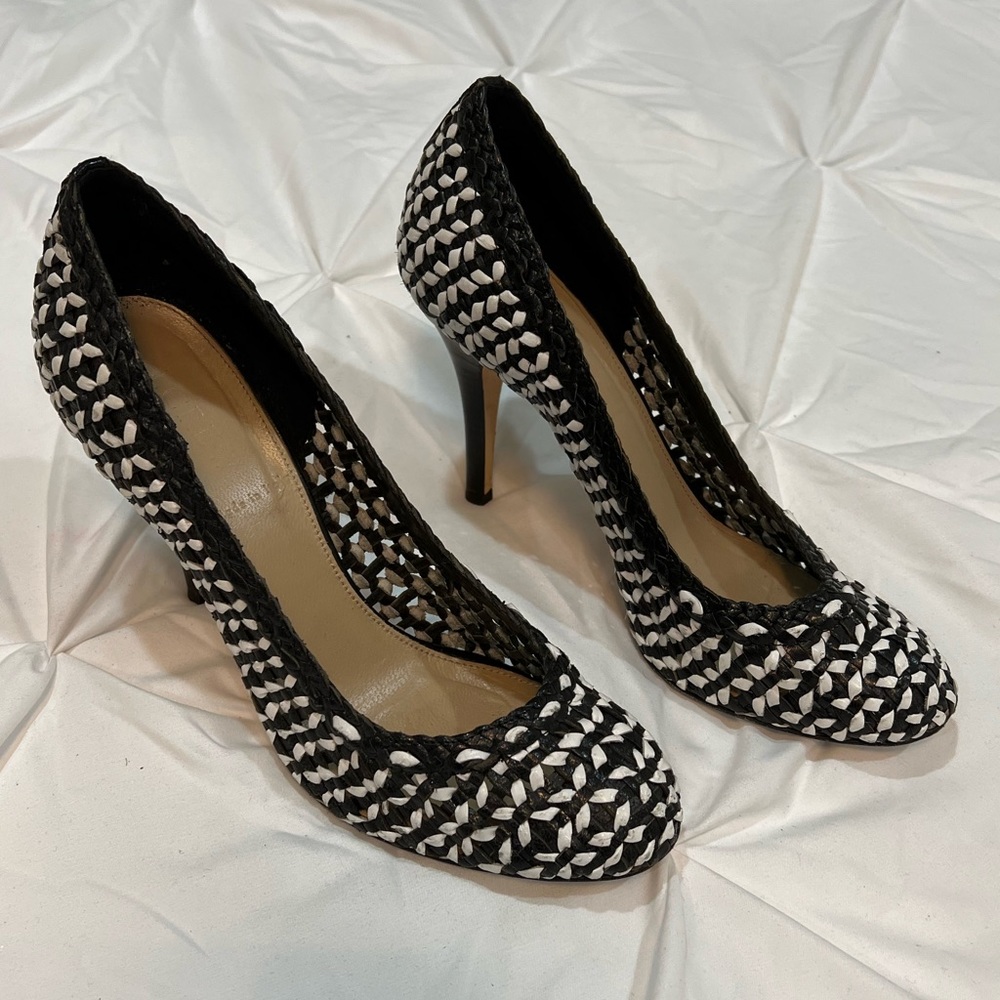 Black & White Leather Woven Pattern Heels
